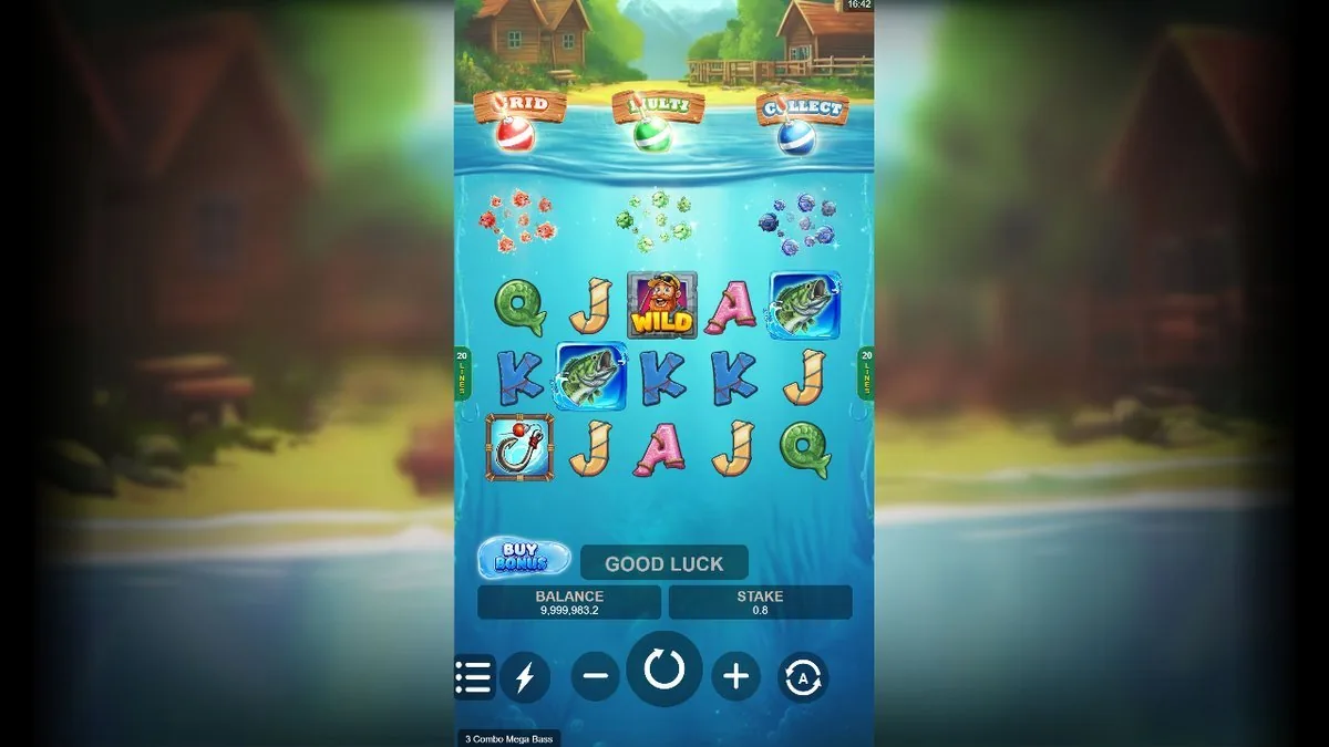 3 Combo Mega Bass: Fischer-Wild-Symbol mittig im Raster, dazu hervorgehobene Bass-Fische in blauen Rahmen