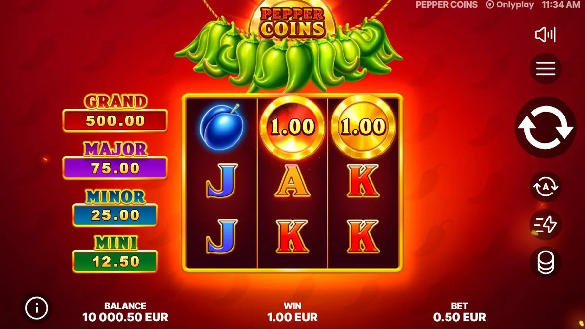 Pepper Coins: zwei goldene Münzen mit je 1,00 Wert auf den Walzen, Gewinn 1,00 Euro, Jackpot-Leiter links