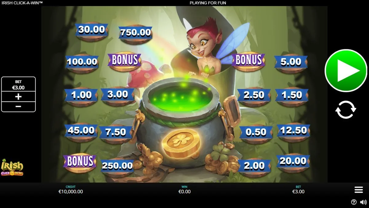 Grundbrett von Irish Click-A-Win: Pixie über dem grünen Goldtopf, ringsum Barwert-Plättchen von 0,50 bis 750,00 Euro und drei BONUS-Felder, Bet 3,00 Euro, Win 0,00 Euro
