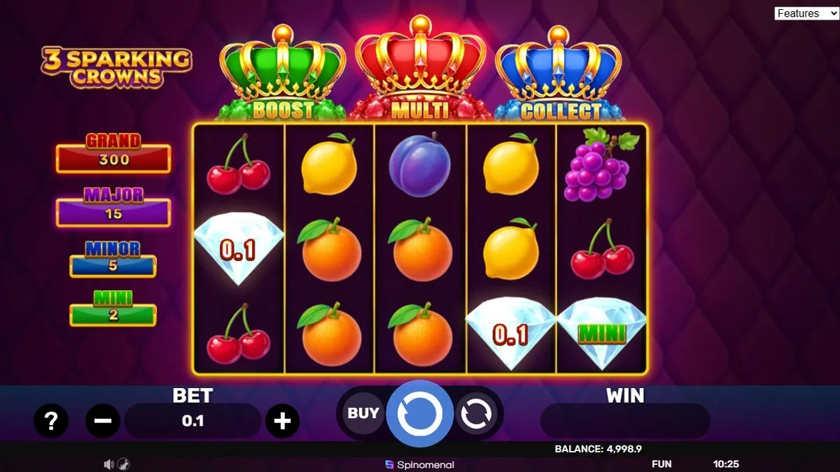 Fruchttreffer mit weissen Diamanten die Geldwerte 0,1 und ein MINI-Jackpot-Label tragen