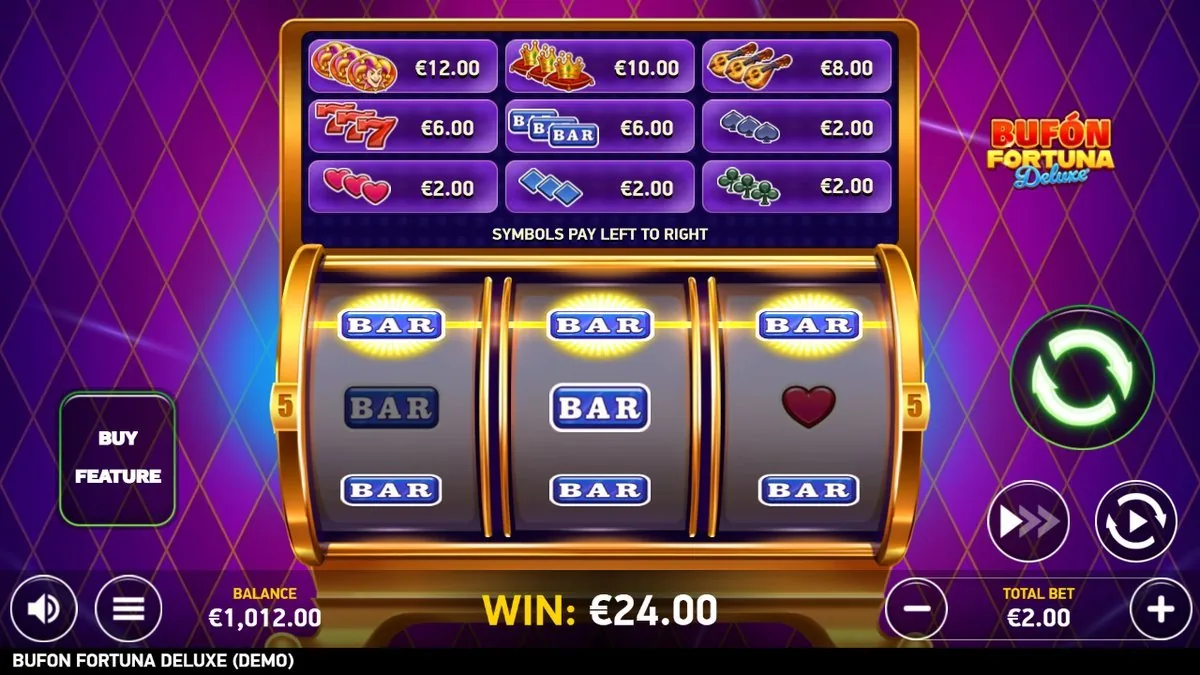Volle BAR-Reihe über alle drei Walzen, WIN 24,00 Euro, Balance 1.012 Euro