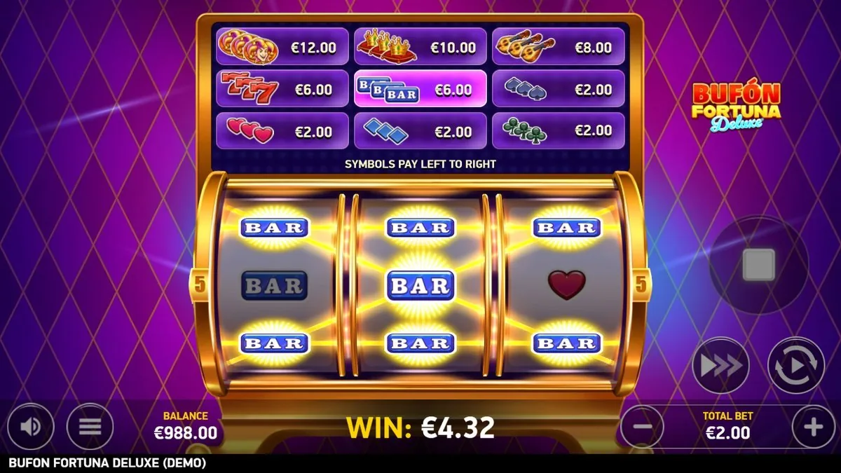 Lucky Respin mit klebenden BAR-Symbolen und leuchtenden Gewinnlinien, WIN 4,32 Euro