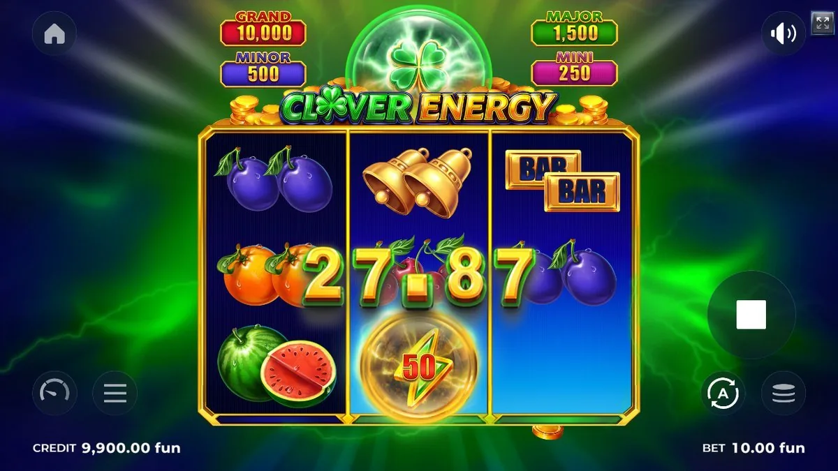 Clover Energy Gewinnrunde: großer 27,87-Gewinn, Glocken, BAR-Symbole und eine goldene 50er-Wert-Kugel