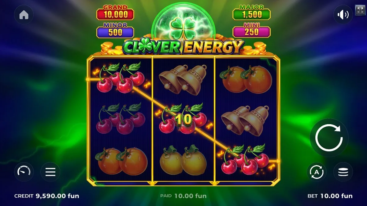 Clover Energy: Kirsch-Gewinnlinie diagonal über drei Walzen mit additiver 10er-Münze, PAID 10.00 fun